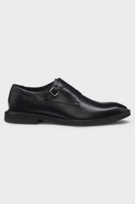 Leather monk shoes with roller buckle, Black