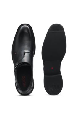 Leather monk shoes with roller buckle, Black