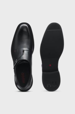 Leather monk shoes with roller buckle, Black