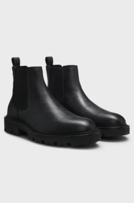 Grained leather boots with elasticated side panels, Black