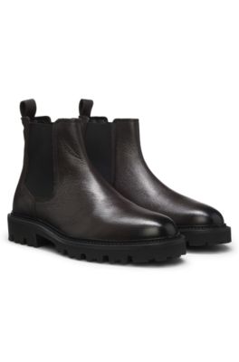 Grained leather boots with elasticated side panels, Dark Brown