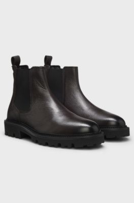 Grained leather boots with elasticated side panels, Dark Brown