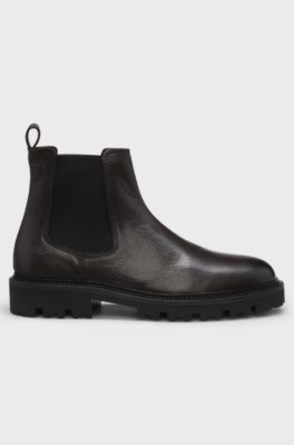 Grained leather boots with elasticated side panels, Dark Brown