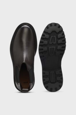 Grained leather boots with elasticated side panels, Dark Brown