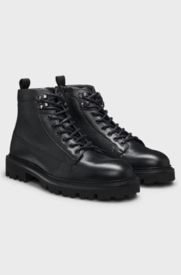Grained-leather half boots with hiking-style laces, Black