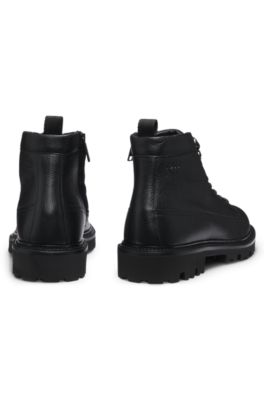 Grained-leather half boots with hiking-style laces, Black