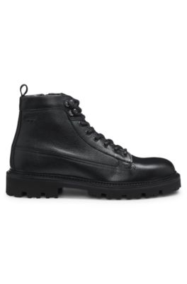 Grained-leather half boots with hiking-style laces, Black