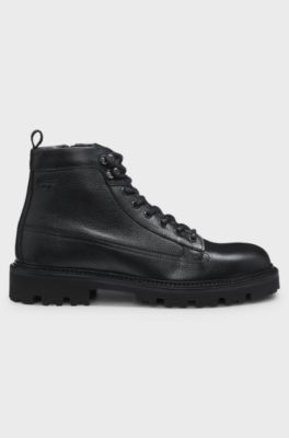 Grained-leather half boots with hiking-style laces, Black