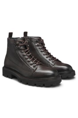 Grained-leather half boots with hiking-style laces, Dark Brown