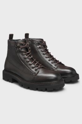 Grained-leather half boots with hiking-style laces, Dark Brown