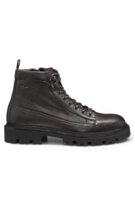 Grained-leather half boots with hiking-style laces, Dark Brown