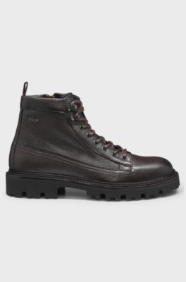 Grained-leather half boots with hiking-style laces, Dark Brown