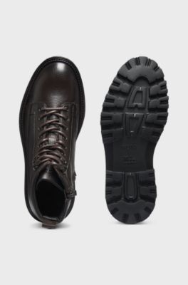 Grained-leather half boots with hiking-style laces, Dark Brown