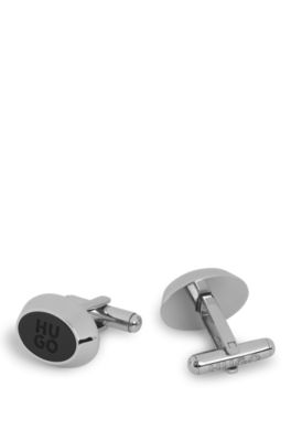 Oval cufflinks with stacked-logo enamel, Black