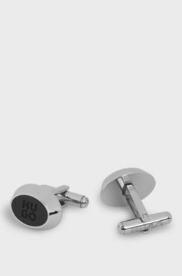 Oval cufflinks with stacked-logo enamel, Black