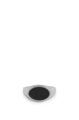 Steel ring with stacked-logo enamel insert, Black