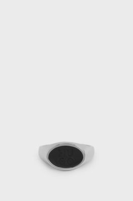 Steel ring with stacked-logo enamel insert, Black