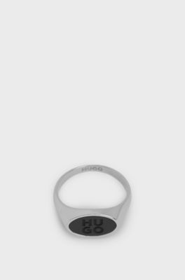 Steel ring with stacked-logo enamel insert, Black