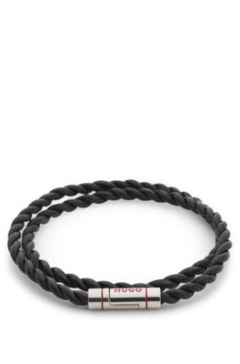 Double-wrap cuff in braided leather, Black