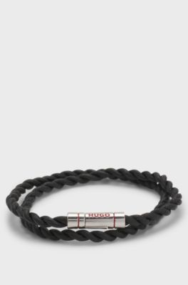 Double-wrap cuff in braided leather, Black