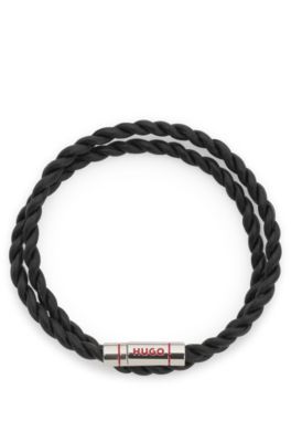 Double-wrap cuff in braided leather, Black