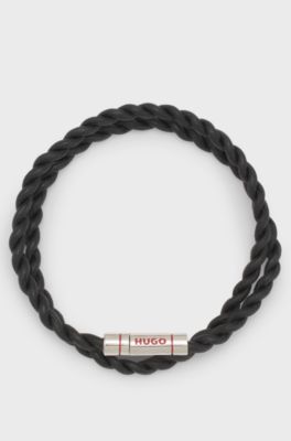 Double-wrap cuff in braided leather, Black