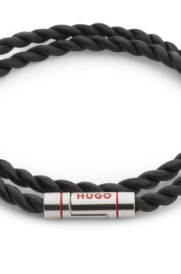 Double-wrap cuff in braided leather, Black