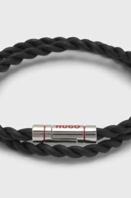 Double-wrap cuff in braided leather, Black