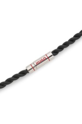 Double-wrap cuff in braided leather, Black