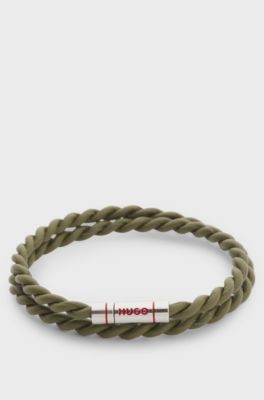 Double-wrap cuff in braided leather, Dark Green