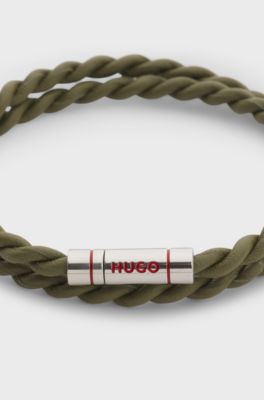 Double-wrap cuff in braided leather, Dark Green