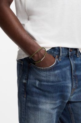 Double-wrap cuff in braided leather, Dark Green