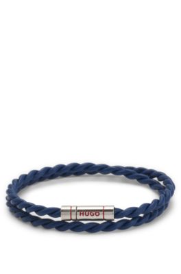 Double-wrap cuff in braided leather, Blue