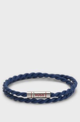 Double-wrap cuff in braided leather, Blue