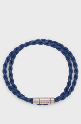 Double-wrap cuff in braided leather, Blue