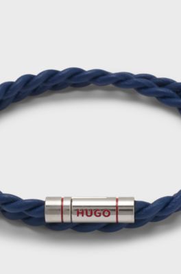 Double-wrap cuff in braided leather, Blue