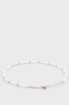 Pearl necklace with irregular metal beads, Silver tone