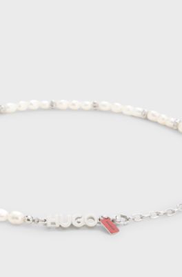 Pearl necklace with irregular metal beads, Silver tone