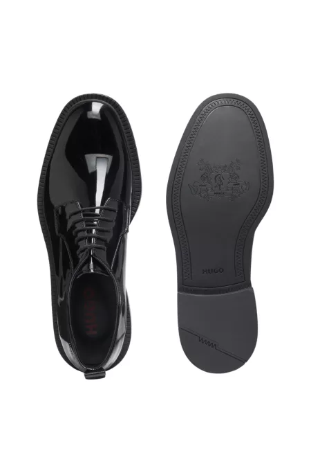Patent-leather Derby shoes with embossed logo