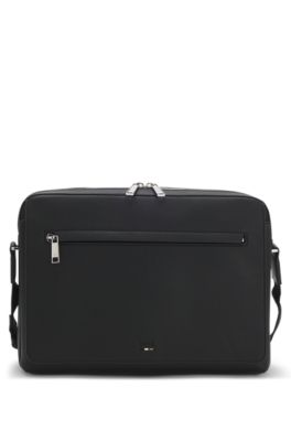 Grained faux-leather messenger bag with embossed logo, Black