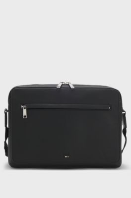 Grained faux-leather messenger bag with embossed logo, Black