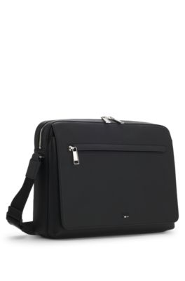 Grained faux-leather messenger bag with embossed logo, Black