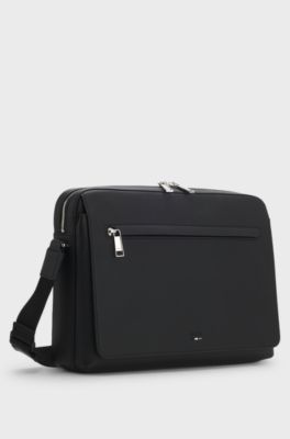 Grained faux-leather messenger bag with embossed logo, Black