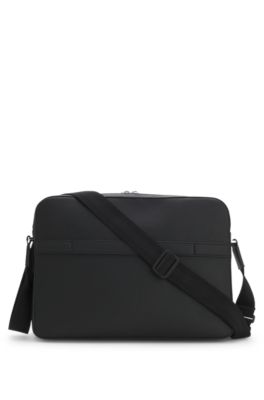 Grained faux-leather messenger bag with embossed logo, Black