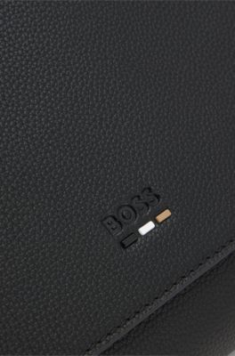 Grained faux-leather messenger bag with embossed logo, Black