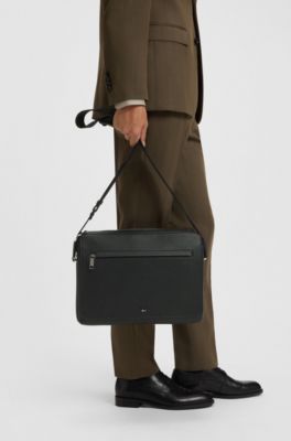 Grained faux-leather messenger bag with embossed logo, Black