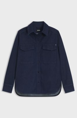 Regular-fit blouse in Italian-made stretch denim, Dark Blue
