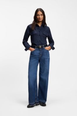 Regular-fit blouse in Italian-made stretch denim, Dark Blue