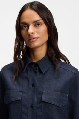 Regular-fit blouse in Italian-made stretch denim, Dark Blue