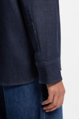 Regular-fit blouse in Italian-made stretch denim, Dark Blue